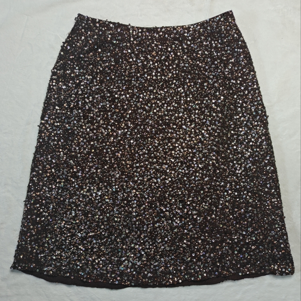Rene Lezard Size EU 40 Or US 8 100% Silk‎ Brown Gold Sequin Midi A-Line Skirt